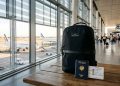 Checklist complète et documents posés sur une table de terminal d'aéroport avant d'embarquer dans un avion.