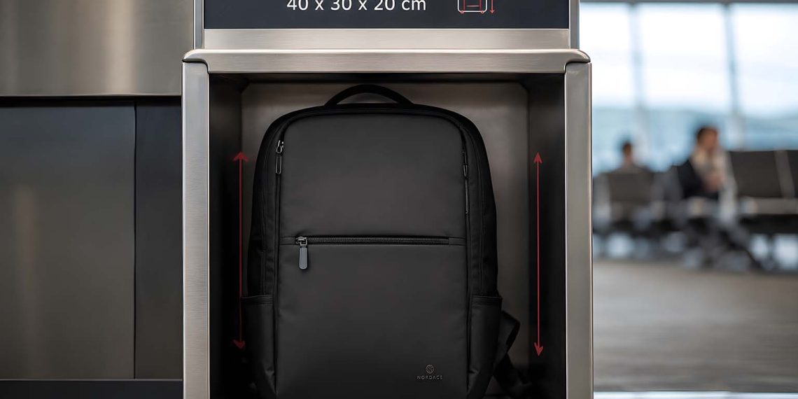 Comment j'ai évité 70 € de frais de bagages : les astuces qui m'ont vraiment fait économiser (Guide 2026) 1 Sac à dos de voyage inséré avec succès dans le gabarit de contrôle de bagages à l'aéroport pour éviter les frais.