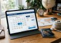 Calendrier de réservation de billets d'avion affiché sur une tablette numérique avec un passeport sur le bureau d'un voyageur.