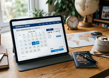 Calendrier de réservation de billets d'avion affiché sur une tablette numérique avec un passeport sur le bureau d'un voyageur.