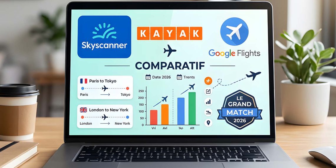 J'ai comparé Skyscanner, Kayak et Google Flights avant mon voyage : lequel est vraiment le meilleur ? (Test complet 2026) 1 Comparatif des trois logos de Skyscanner, Kayak et Google Flights superposés sur un fond d'écran d'ordinateur affichant des plans de vol.