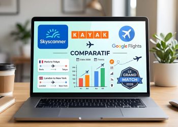 Comparatif des trois logos de Skyscanner, Kayak et Google Flights superposés sur un fond d'écran d'ordinateur affichant des plans de vol.