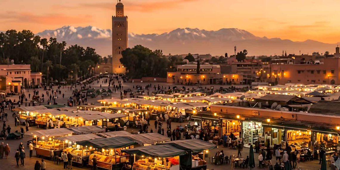 Visiter le Maroc à petit budget : Itinéraire de 7 jours de Marrakech à Fès (Guide 2026) 1 Vue panoramique de la place Jemaa el Fna à Marrakech au coucher du soleil pour un voyage pas cher au Maroc.