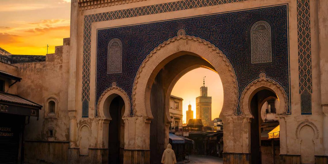 48 heures à Fès : mon itinéraire complet, mon budget et mes conseils (Guide 2026) 1 Vue de la porte historique monumentale Bab Boujloud ornée de zelliges bleus à l'entrée de la médina de Fès au lever du soleil.