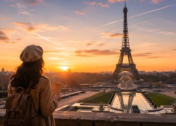 Vue de la Tour Eiffel depuis l'esplanade du Trocadéro au lever du soleil lors d'un séjour de 7 jours à Paris.