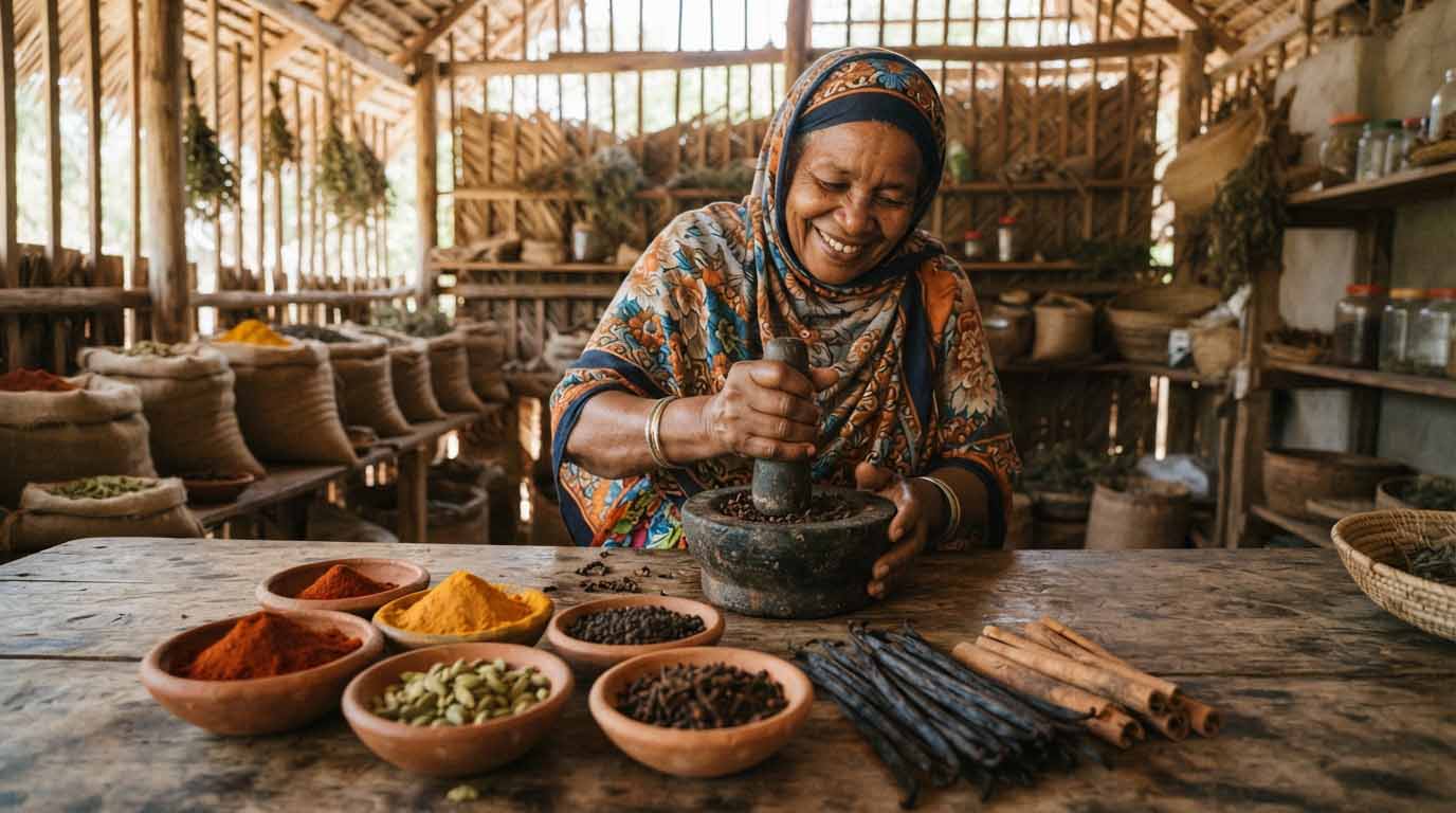 Les erreurs que j'ai évitées à Zanzibar grâce aux conseils des habitants 5 Close-up de bols d'épices colorées et brutes (curcuma, cardamome, clous de girofle) dans un atelier traditionnel communautaire à Zanzibar, avec une femme locale souriante pilonnant des ingrédients.