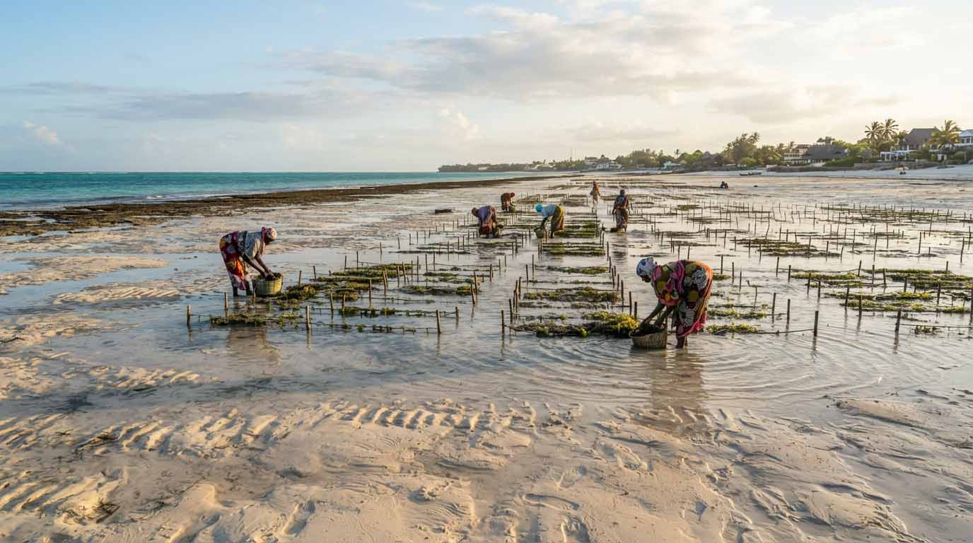 Les erreurs que j'ai évitées à Zanzibar grâce aux conseils des habitants 3 Paysage de marée basse spectaculaire à Paje, Zanzibar, révélant des fermes d'algues traditionnelles et des femmes au travail sous un ciel lumineux.