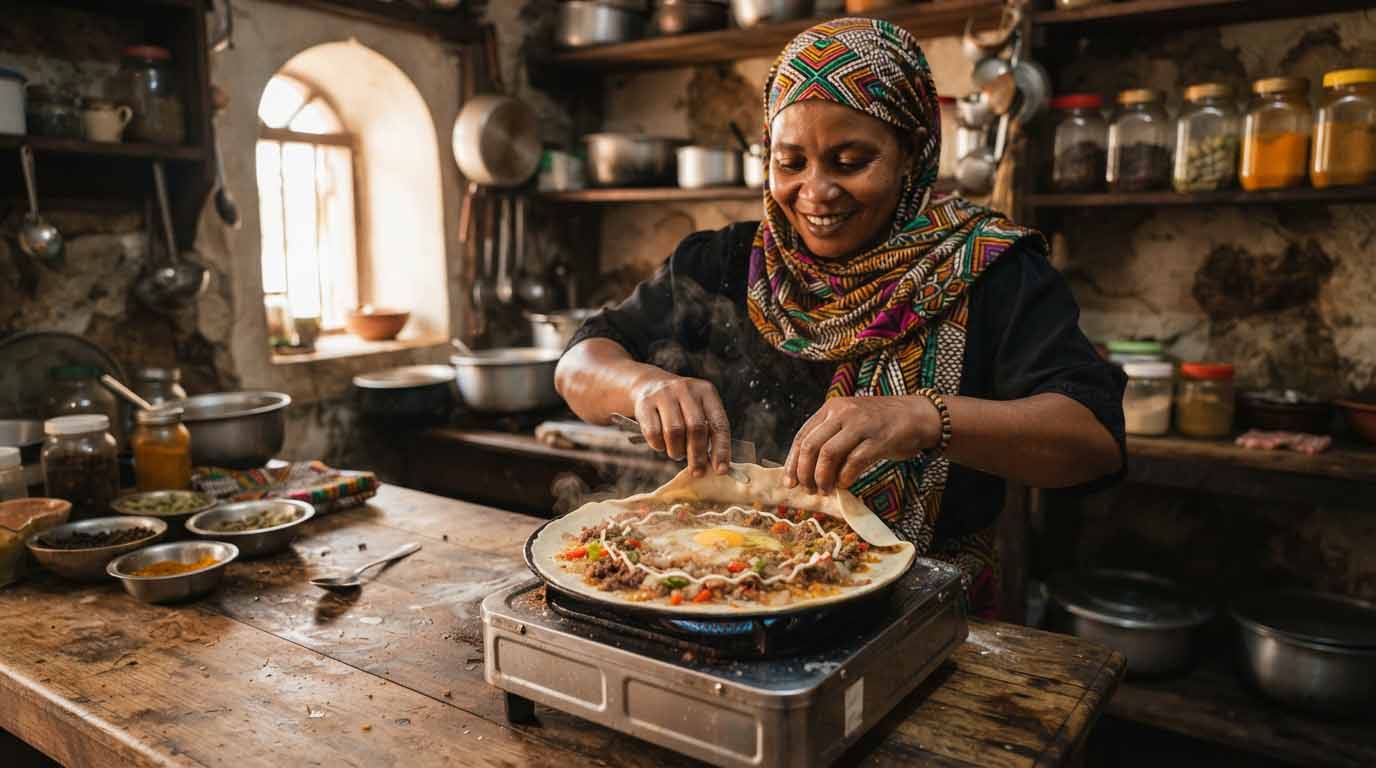 Les erreurs que j'ai évitées à Zanzibar grâce aux conseils des habitants 4 Close-up de la préparation d'une Zanzibar Pizza sur une plaque chauffante dans une cuisine traditionnelle de Stone Town, montrant la pâte, les œufs, la viande et les légumes frais.