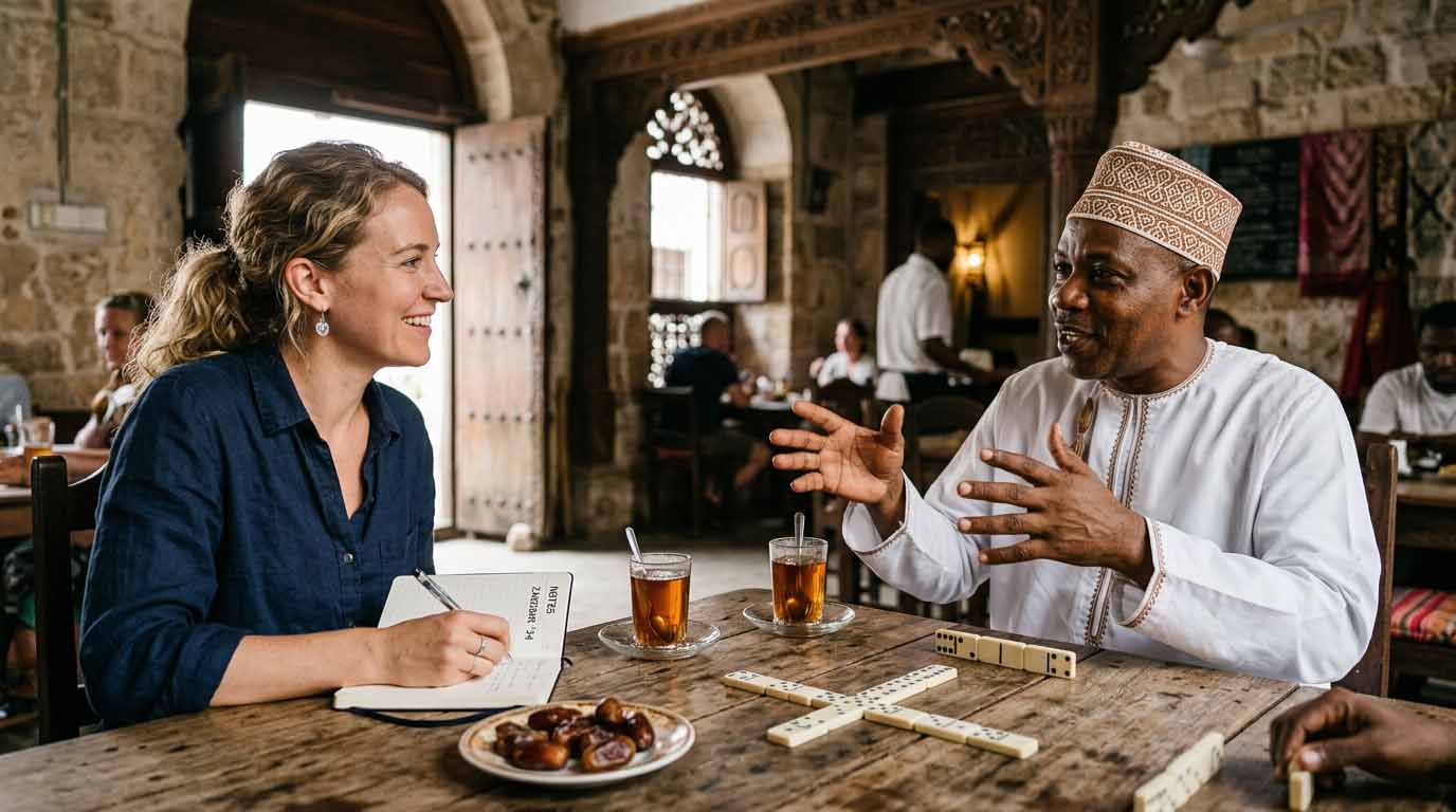 Les erreurs que j'ai évitées à Zanzibar grâce aux conseils des habitants 2 Journaliste de voyage écoutant attentivement un habitant de Stone Town, Ali, expliquer les coutumes locales autour d'un thé aux épices à Zanzibar.