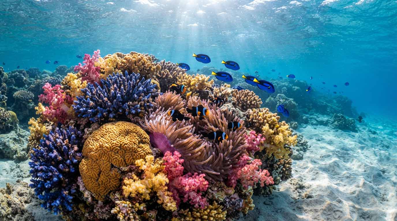 Les erreurs que j'ai évitées à Zanzibar grâce aux conseils des habitants 6 Photographie sous-marine d'un récif corallien vibrant près de l'atoll de Mnemba, Zanzibar, montrant des coraux durs et mous colorés et des poissons tropicaux (poissons-clowns, chirurgiens bleus) dans une eau cristalline.
