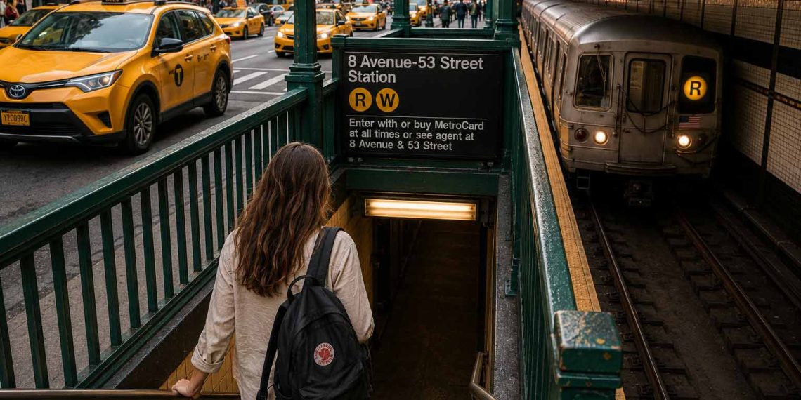 J'ai traversé New York en métro pendant une semaine : mon bilan 1 Une voyageuse descend l'escalier vert d'une station de métro de New York, un sac à dos sur l'épaule, tandis qu'une rame de la ligne R s'approche du quai et que des taxis jaunes circulent en surface.