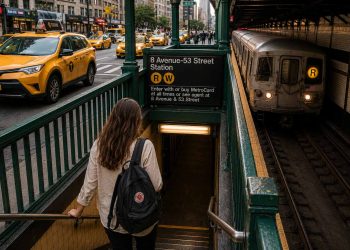 J'ai traversé New York en métro pendant une semaine : mon bilan 2 Une voyageuse descend l'escalier vert d'une station de métro de New York, un sac à dos sur l'épaule, tandis qu'une rame de la ligne R s'approche du quai et que des taxis jaunes circulent en surface.