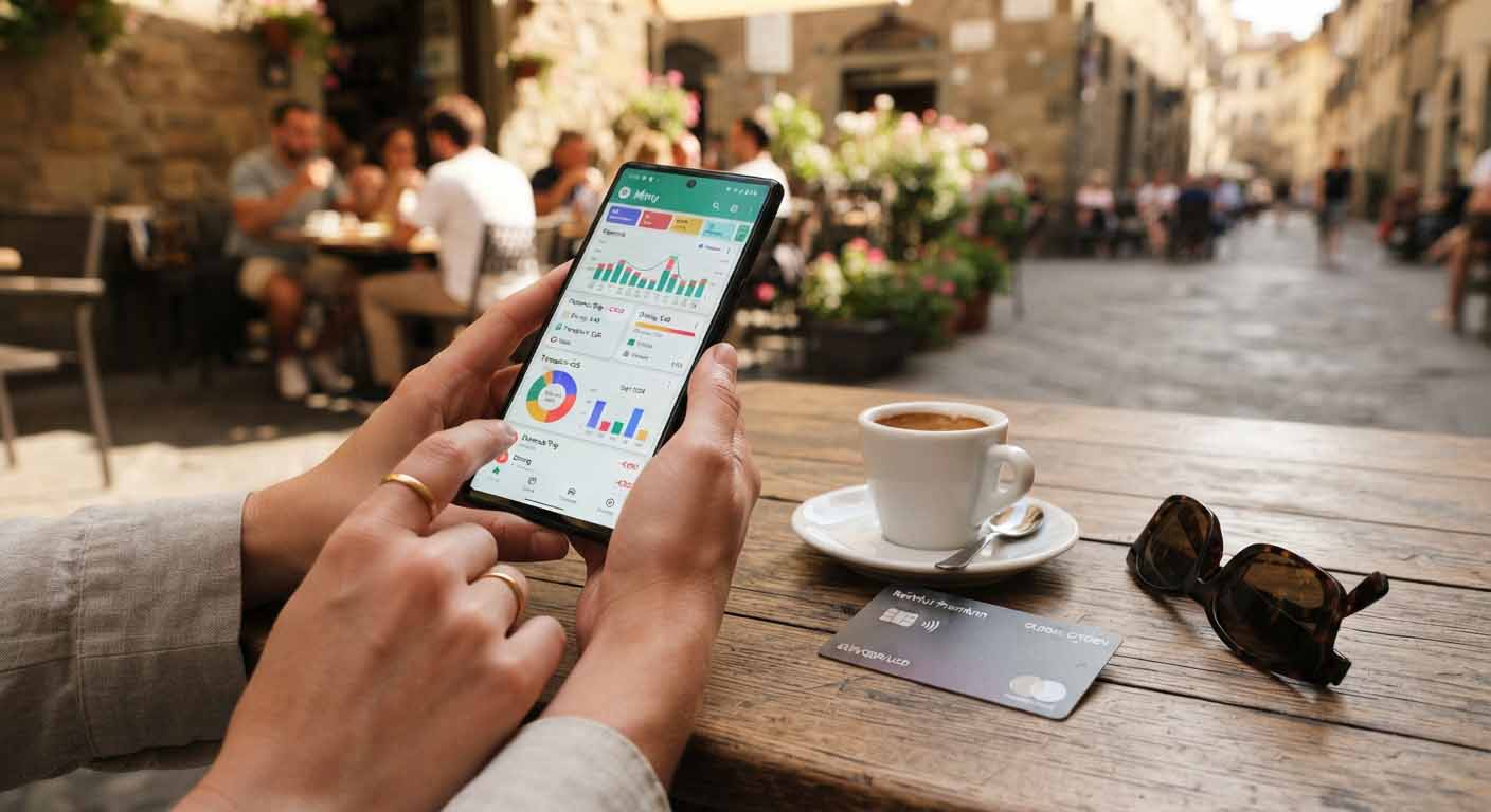 Smartphone affichant une application de suivi de budget et carte bancaire sans frais pour économiser argent voyage.