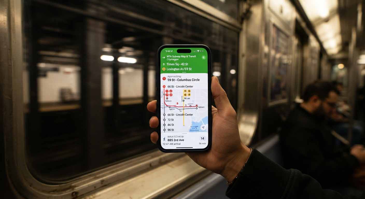 J'ai traversé New York en métro pendant une semaine : mon bilan 2 Smartphone affichant un itinéraire de transport en commun en temps réel à bord d'une rame de métro à New York.