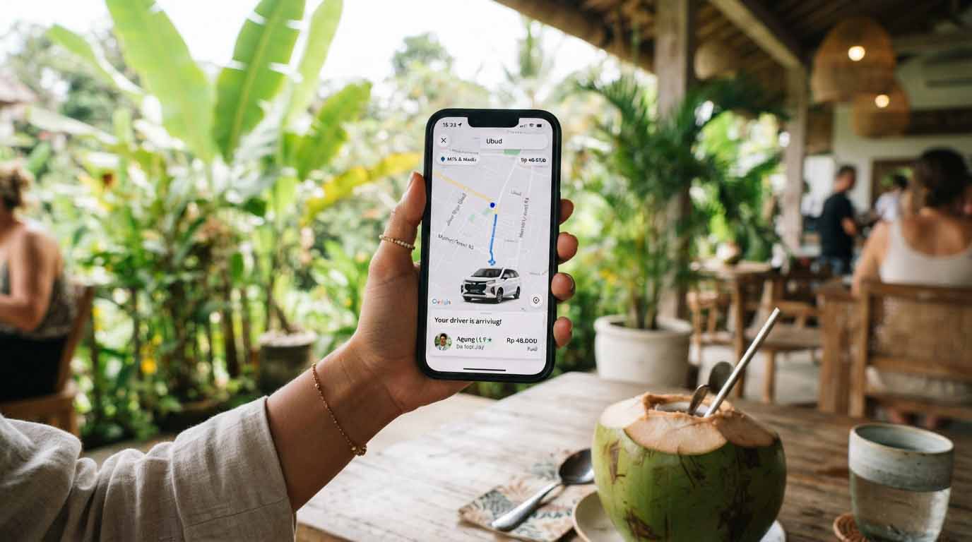 Bali sans scooter : est-ce vraiment possible ? 2 Un smartphone affichant l'application de transport Grab avec une course commandée à Ubud, Bali.