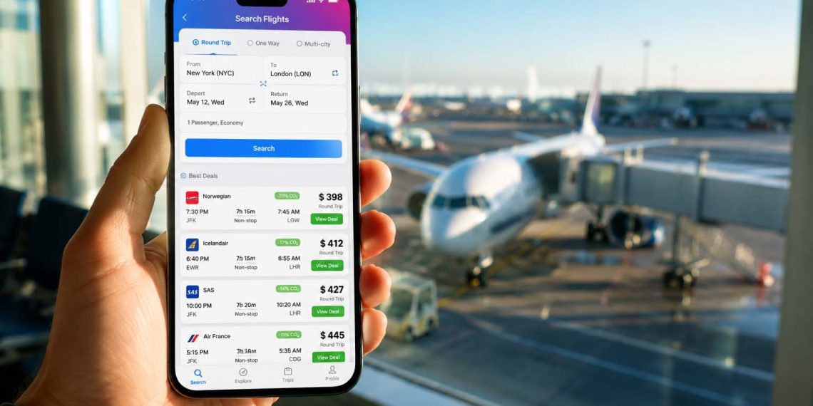 Toutes les applications qui m'ont permis d'économiser en voyage (Le guide complet 2026) 1 Smartphone affichant une application de comparaison de vols pas chers dans un terminal d'aéroport avec des avions en arrière-plan.