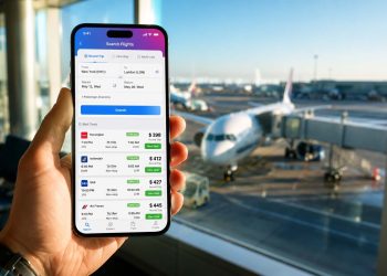 Toutes les applications qui m'ont permis d'économiser en voyage (Le guide complet 2026) 2 Smartphone affichant une application de comparaison de vols pas chers dans un terminal d'aéroport avec des avions en arrière-plan.