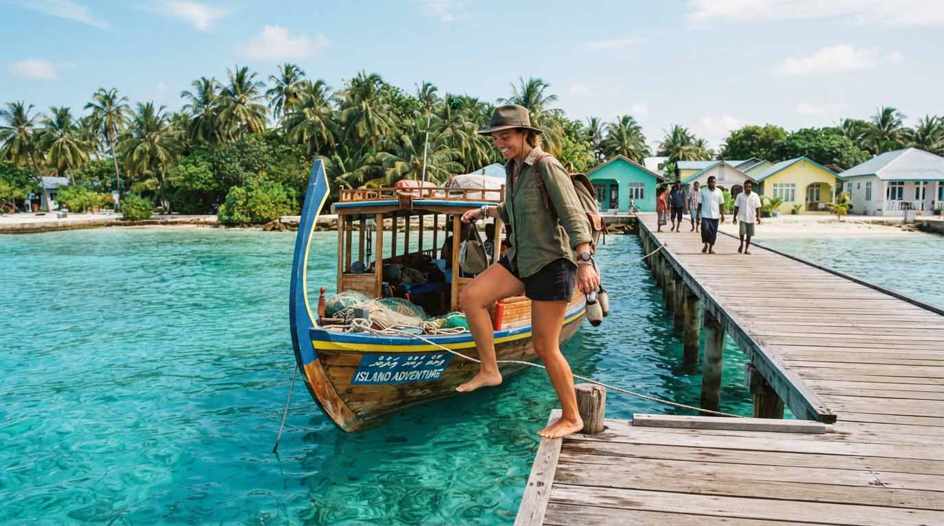 Les Maldives sans luxe : mon voyage était-il réussi ? 2 Voyageur débarquant d'un bateau traditionnel sur l'embarcadère d'une île locale aux Maldives.