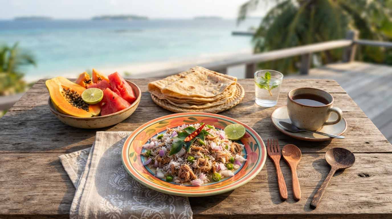 Les Maldives sans luxe : mon voyage était-il réussi ? 4 Assiette de Mas Huni traditionnel à base de thon et noix de coco servi avec du pain roshi aux Maldives.