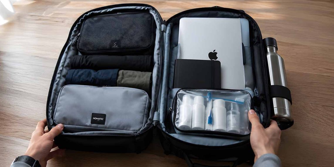 Ce que j'ai vraiment mis dans mon bagage cabine après 15 voyages (Ma liste complète 2026) 1 Un sac à dos de voyage ouvert à plat dévoilant une organisation optimisée avec des cubes de rangement et des accessoires de voyage.