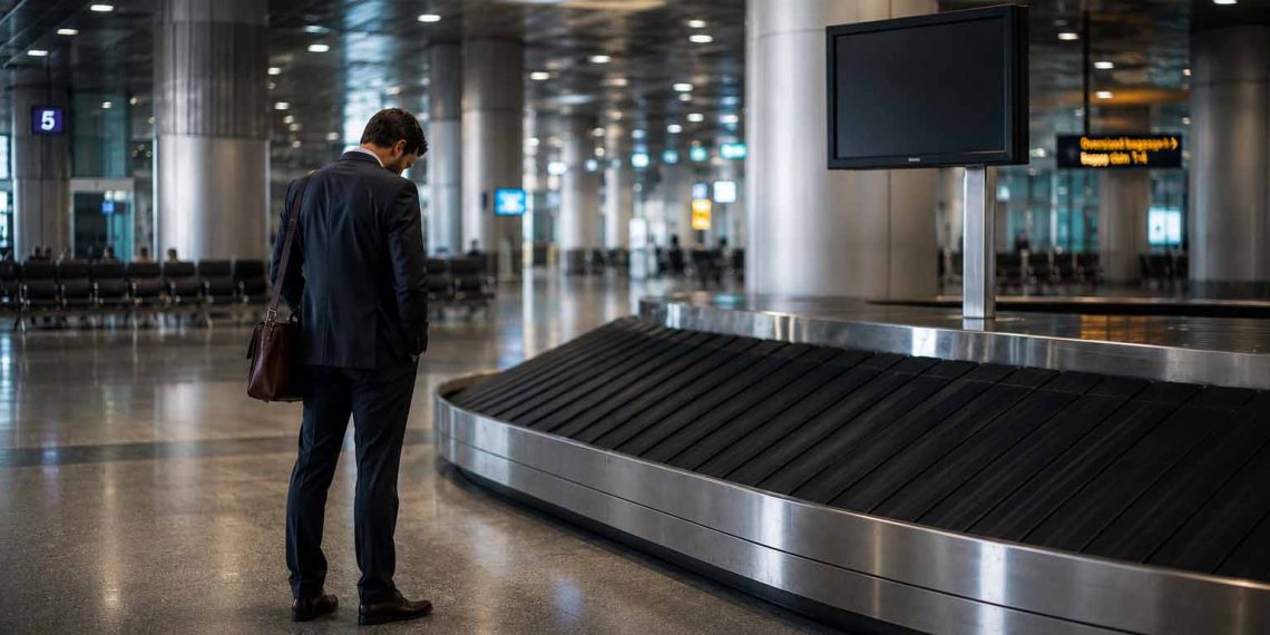 Bagage perdu à l'aéroport : comment j'ai réussi à le récupérer 1 Un voyageur seul devant un tapis de livraison de bagages vide dans un grand terminal d'aéroport international.