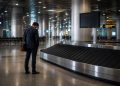 Un voyageur seul devant un tapis de livraison de bagages vide dans un grand terminal d'aéroport international.