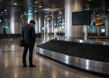 Un voyageur seul devant un tapis de livraison de bagages vide dans un grand terminal d'aéroport international.