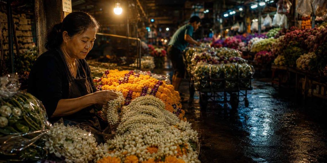 Bangkok après minuit : ce que j'ai découvert en dehors des circuits touristiques 1 Une vendeuse locale triant des fleurs au marché de Pak Khlong Talat à Bangkok à 2 heures du matin, illustrant la vie nocturne authentique loin du tourisme de masse.