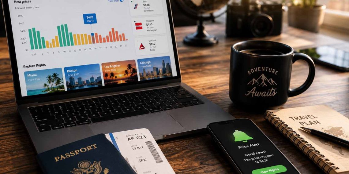 J'ai testé 10 astuces pour payer moins cher mes billets d'avion : lesquelles fonctionnent vraiment ? 1 Espace de travail d'un journaliste voyage avec un ordinateur affichant des graphiques de prix de billets d'avion et un smartphone affichant une alerte de prix.