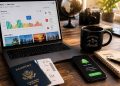 Espace de travail d'un journaliste voyage avec un ordinateur affichant des graphiques de prix de billets d'avion et un smartphone affichant une alerte de prix.