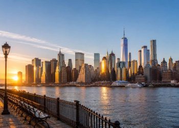 Vue panoramique de la skyline de Manhattan au lever du soleil depuis Brooklyn pour estimer son budget de voyage à New York.