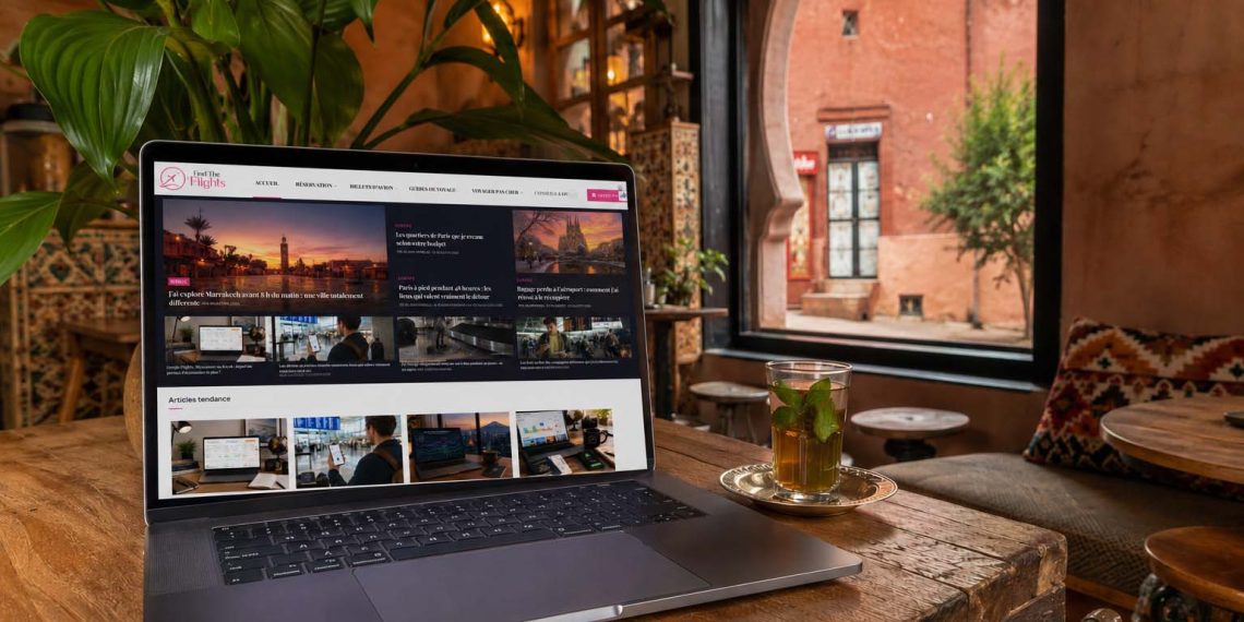 Les cafés de Marrakech où j'ai aimé travailler pendant mon voyage 1 Un ordinateur portable et un thé à la menthe sur la table d'un café bohème à Marrakech pour travailler à distance.