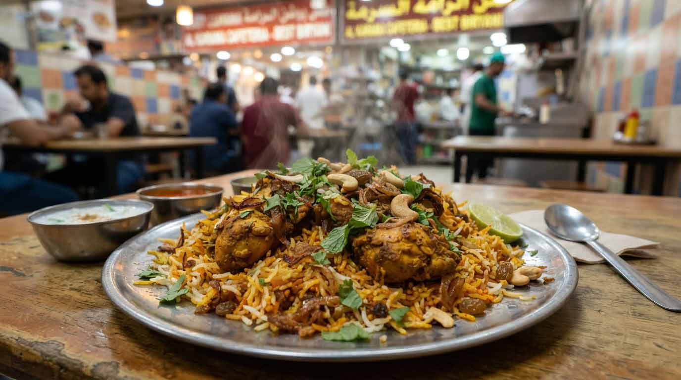 Dubaï avec 50 € par jour : mon défi et mes résultats 3 Un plat traditionnel et copieux de biryani au poulet servi dans un restaurant local à Karama.