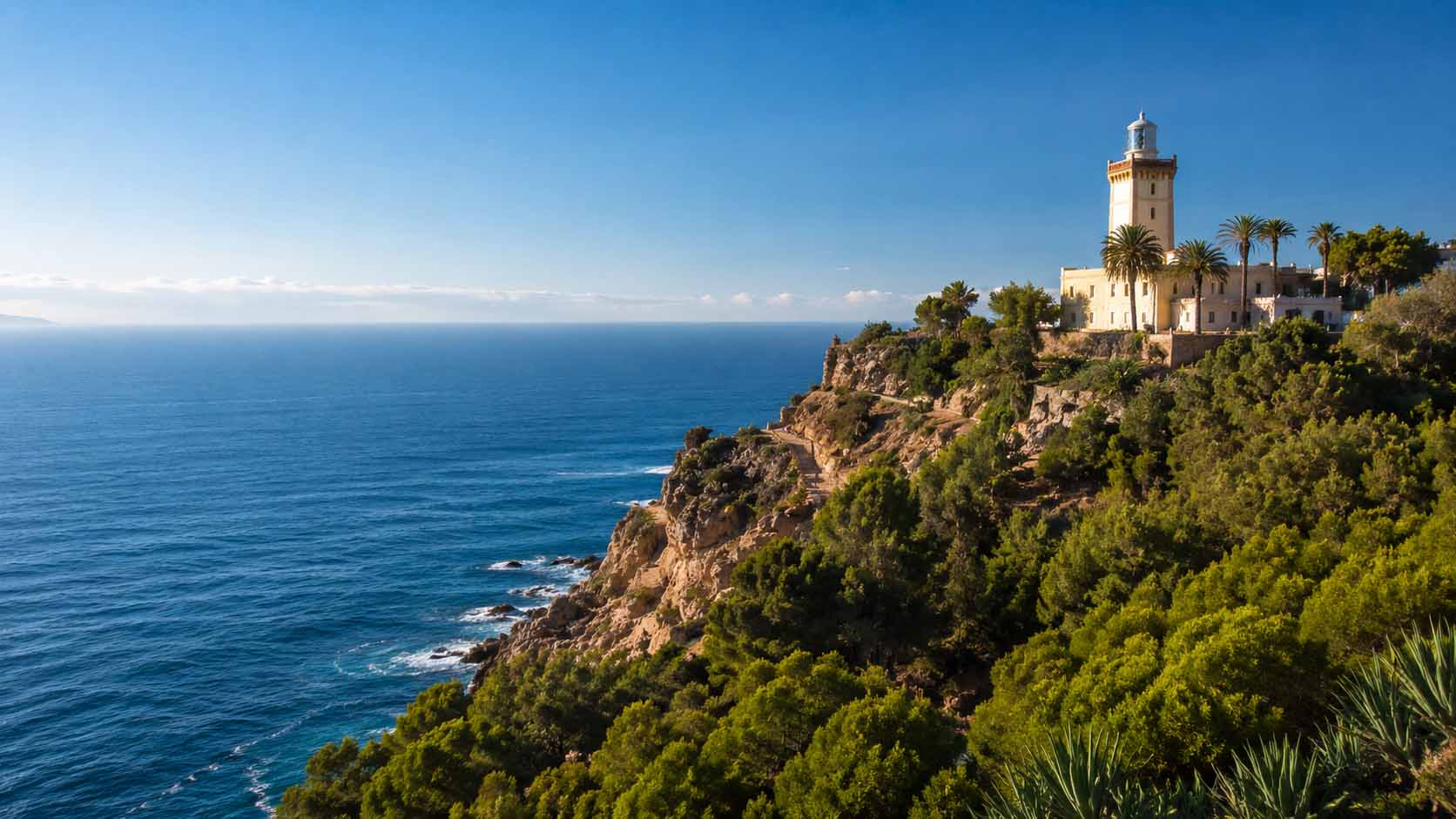 Tanger ou Agadir : laquelle choisir pour un premier voyage au Maroc ? 5 Le phare historique du Cap Spartel entouré de palmiers face à la rencontre de l'océan Atlantique et de la mer Méditerranée.