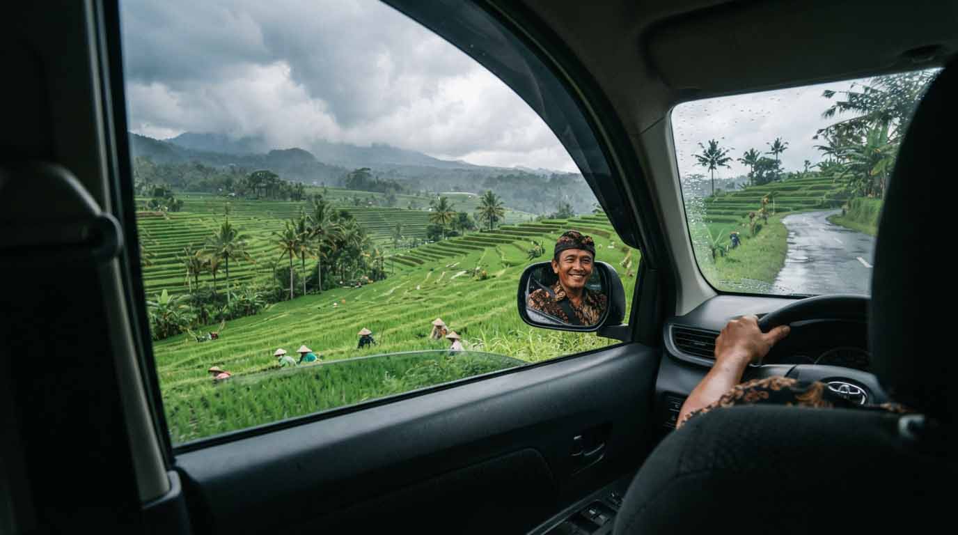 Bali sans scooter : est-ce vraiment possible ? 4 Vue depuis l'intérieur d'une voiture privée sur les rizières en terrasses de Jatiluwih sous un ciel tropical à Bali.