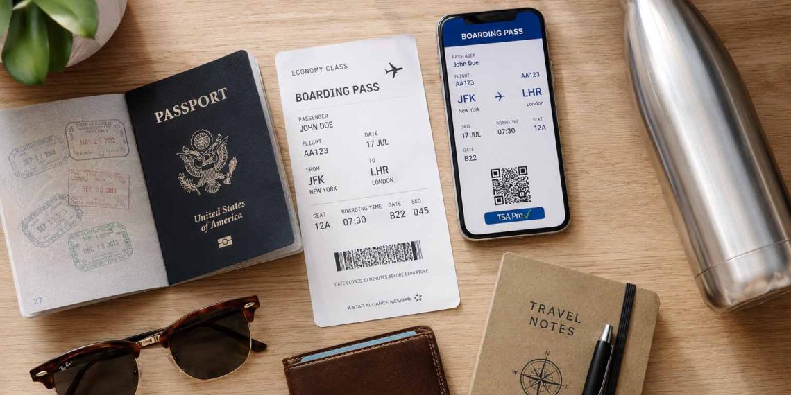Ma checklist avant chaque voyage (je ne l'oublie jamais) 1 Checklist voyage avec passeport, billet d'avion papier, smartphone et accessoires de voyage disposés sur un bureau en bois.