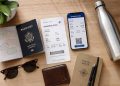Checklist voyage avec passeport, billet d'avion papier, smartphone et accessoires de voyage disposés sur un bureau en bois.