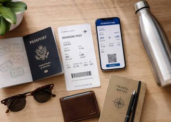 Ma checklist avant chaque voyage (je ne l'oublie jamais) 3 Checklist voyage avec passeport, billet d'avion papier, smartphone et accessoires de voyage disposés sur un bureau en bois.