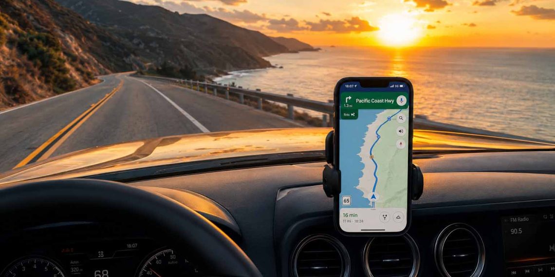 Comment Google Maps m'a sauvé pendant mon road trip 1 Smartphone affichant la navigation Google Maps sur le tableau de bord d'une voiture roulant sur une route côtière au coucher du soleil lors d'un road trip.