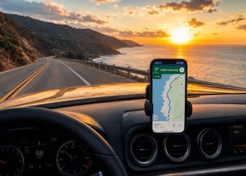 Comment Google Maps m'a sauvé pendant mon road trip 4 Smartphone affichant la navigation Google Maps sur le tableau de bord d'une voiture roulant sur une route côtière au coucher du soleil lors d'un road trip.