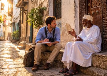 Les erreurs que j'ai évitées à Zanzibar grâce aux conseils des habitants 7 Journaliste de voyage discutant avec un habitant swahili sur un banc traditionnel à Stone Town, Zanzibar.