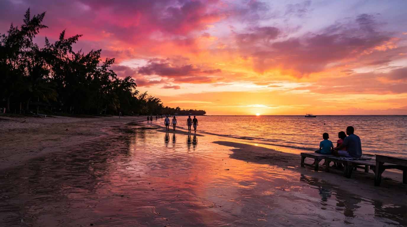 Île Maurice : les plages qui m'ont vraiment surpris 2 Coucher de soleil rose et orange sur la plage de Flic-en-Flac bordée de filaos à l'Île Maurice.