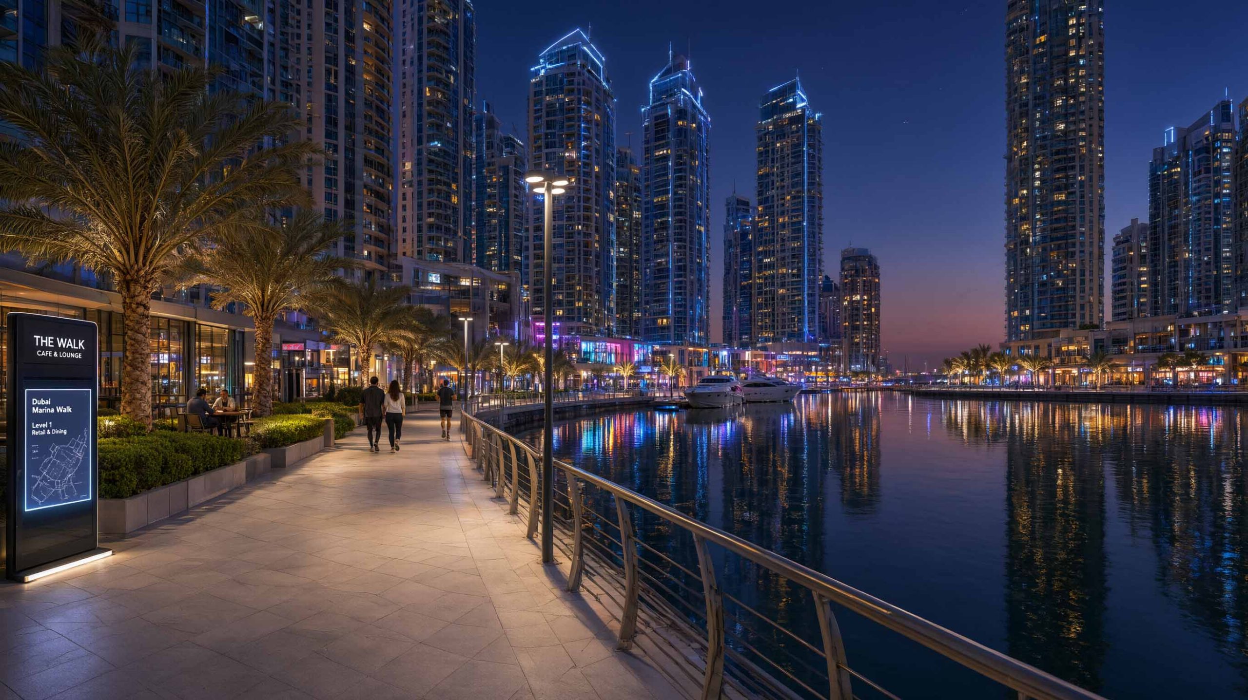 Dubaï avec 50 € par jour : mon défi et mes résultats 2 La promenade piétonne illuminée de Dubai Marina en soirée avec reflets sur l'eau.