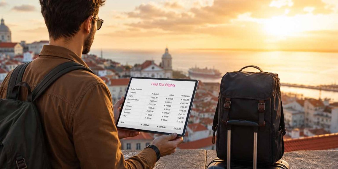 Une voyageuse consulte son budget de voyage sur une tablette face à un panorama urbain au coucher du soleil pour économiser argent voyage.