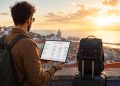 Une voyageuse consulte son budget de voyage sur une tablette face à un panorama urbain au coucher du soleil pour économiser argent voyage.
