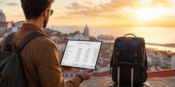 Une voyageuse consulte son budget de voyage sur une tablette face à un panorama urbain au coucher du soleil pour économiser argent voyage.