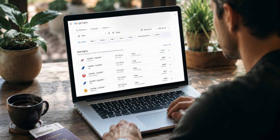 Comment j'ai réussi à économiser sur un voyage : ma méthode pour économiser 620 € (Guide 2026) 1 Journaliste voyage comparant les prix des billets d'avion sur son ordinateur portable pour économiser sur son budget.