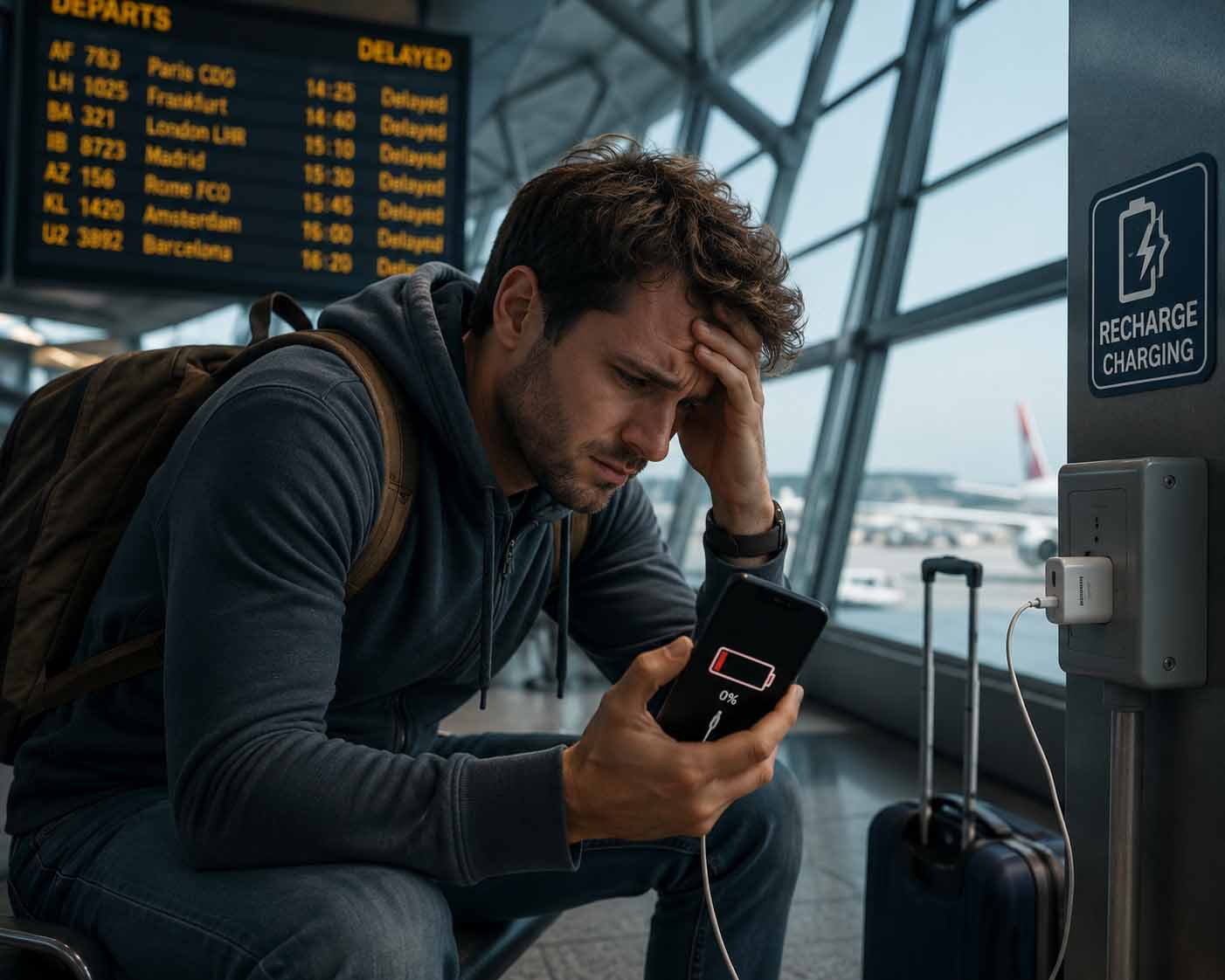 Les 12 applications que j'utilise à chaque voyage (Guide 2026) 3 Voyageur constatant que son téléphone n'a plus de batterie au moment de présenter son billet électronique.