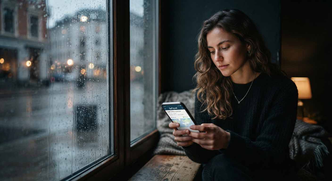 Voyageur regardant une confirmation de réservation sur smartphone devant une fenêtre couverte de pluie.