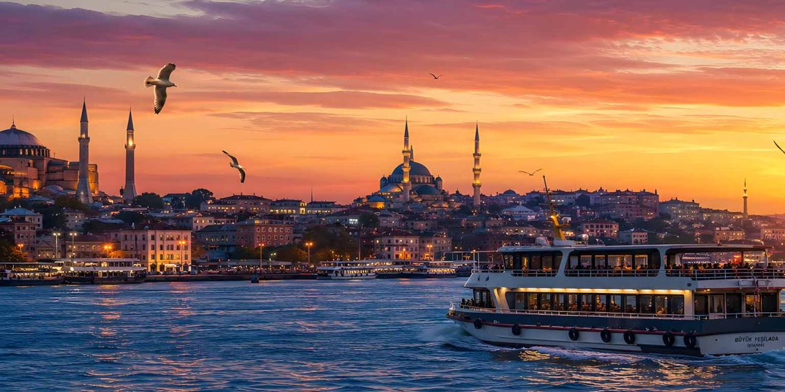 24 heures d'escale à Istanbul : tout ce que j'ai fait (Itinéraire complet & conseils 2026) 1 Panorama d'Istanbul au coucher du soleil sur le Bosphore avec les minarets de Sainte-Sophie et de la Mosquée Bleue pour une escale réussie.